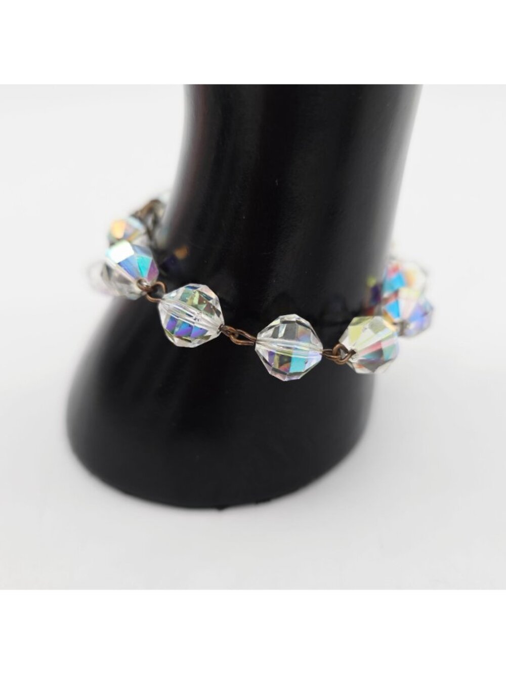 Crystal Iridescent Bead Bracelet & Clip-On Earrings Aurora Borealis MCM 1950s - Picture 7 of 9